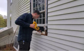 A technician structural joint of a wooden window frame to Professional window repair wood rot in Florida.