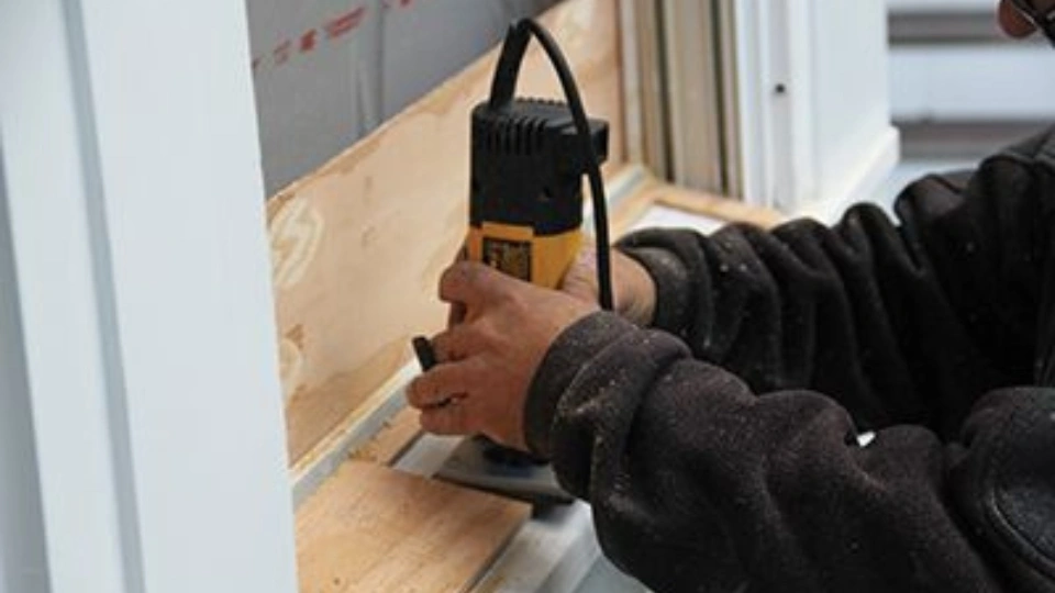 Certified technician performing a structural wood repair on a rotting window sill in a historic Florida Heights home.