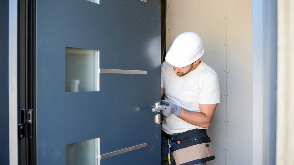 Commercial door repair technician adjusting panic bar hardware on Tampa Florida storefront glass door