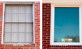 Window Screen Repair Services Florida before and after - damaged torn screen transformed to new no-see-um mesh installation by professional repair company