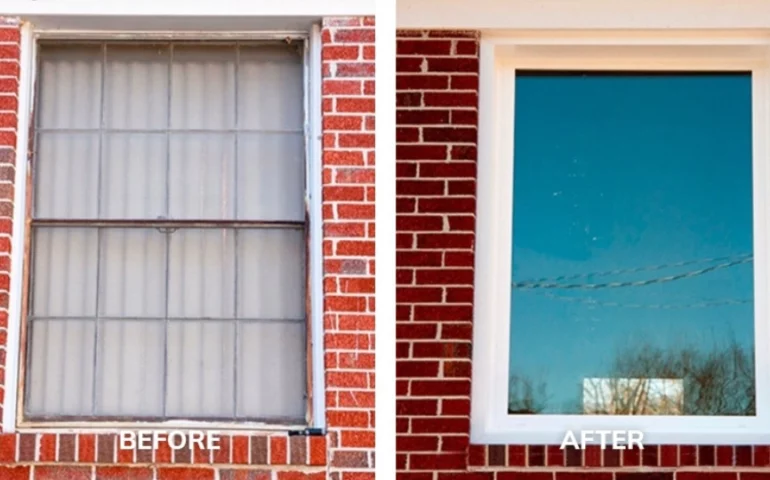 Window Screen Repair Services Florida before and after - damaged torn screen transformed to new no-see-um mesh installation by professional repair company