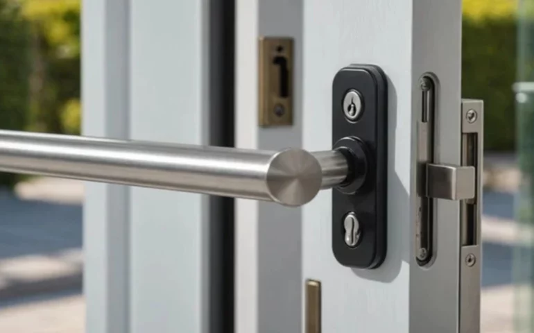 A new, secure lock installed on a sliding glass door in Miami for enhanced home safety.