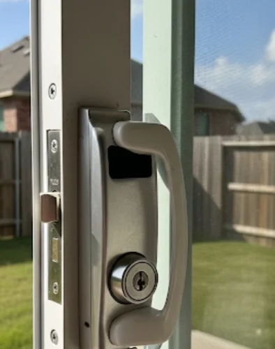 A new, secure lock installed and aligned on a sliding glass door in Miami, FL